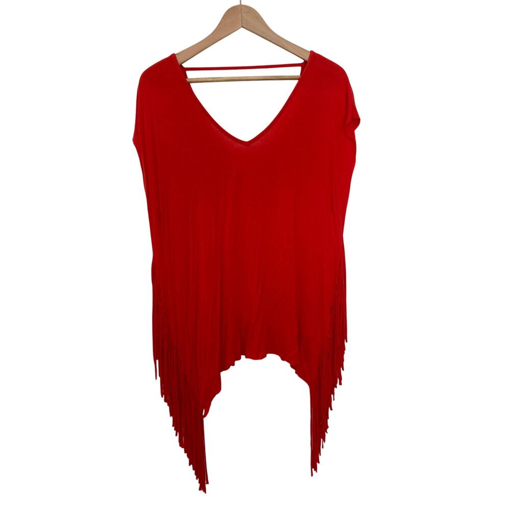 Heart and Hips Tomato Red Western Rodeo Festival Fringe Draped Blouse Top Medium